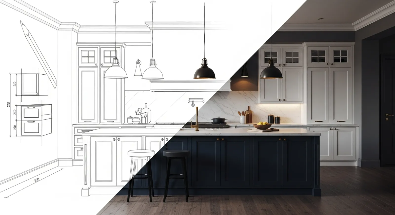 Split image showing a hand-drawn kitchen sketch transforming into a photorealistic AI-generated kitchen render with navy cabinets and brass hardware