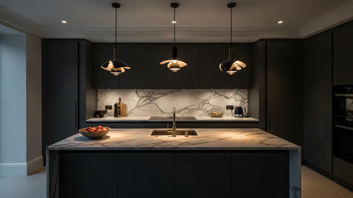 Exceptional showpiece kitchen with full-height charcoal lacquer cabinetry and marble island — KITWOOD Lebanon