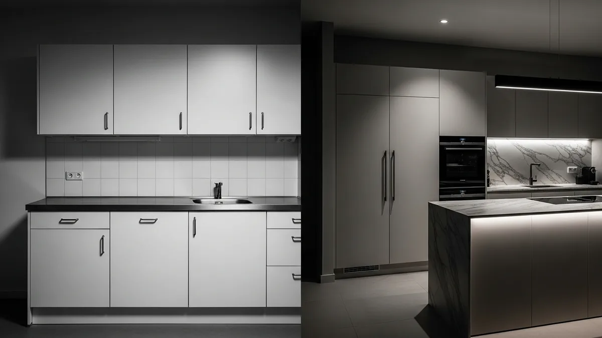 Side-by-side comparison of a budget laminate kitchen and a luxury lacquer kitchen with marble island — KITWOOD Lebanon