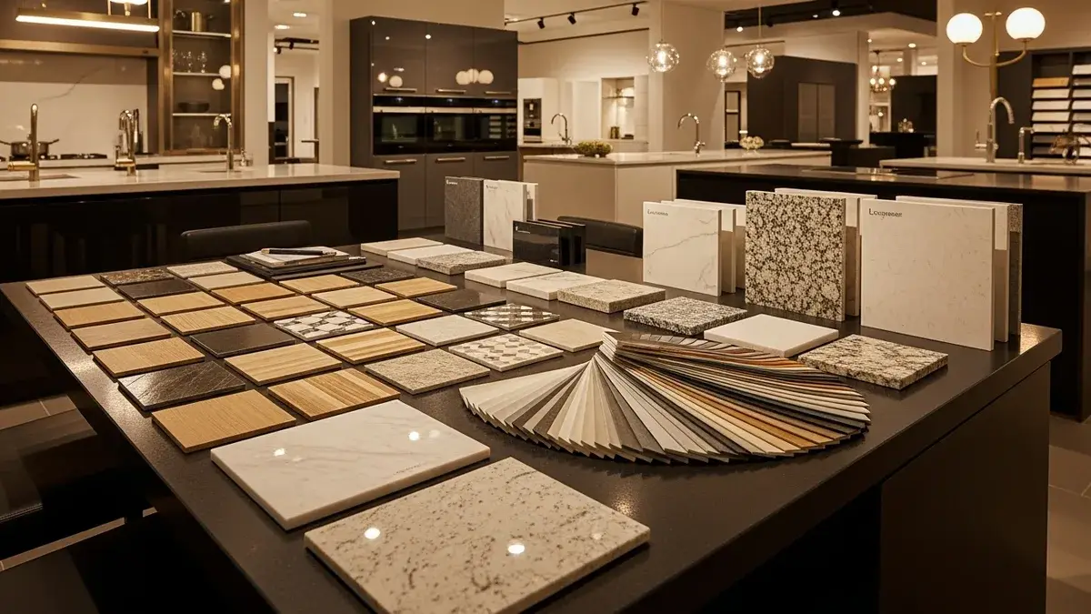 Kitchen design consultation area with material swatches and stone samples in the KITWOOD Lebanon showroom
