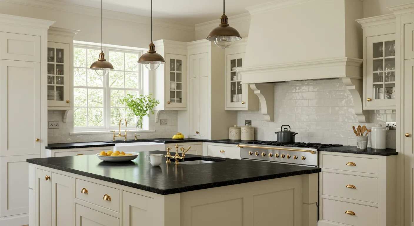 Classic shaker-style kitchen cabinet design with brass hardware by KITWOOD Lebanon