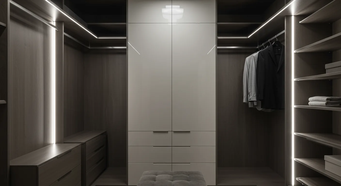 Premium contemporary walk-in wardrobe with LED lighting by KITWOOD Lebanon