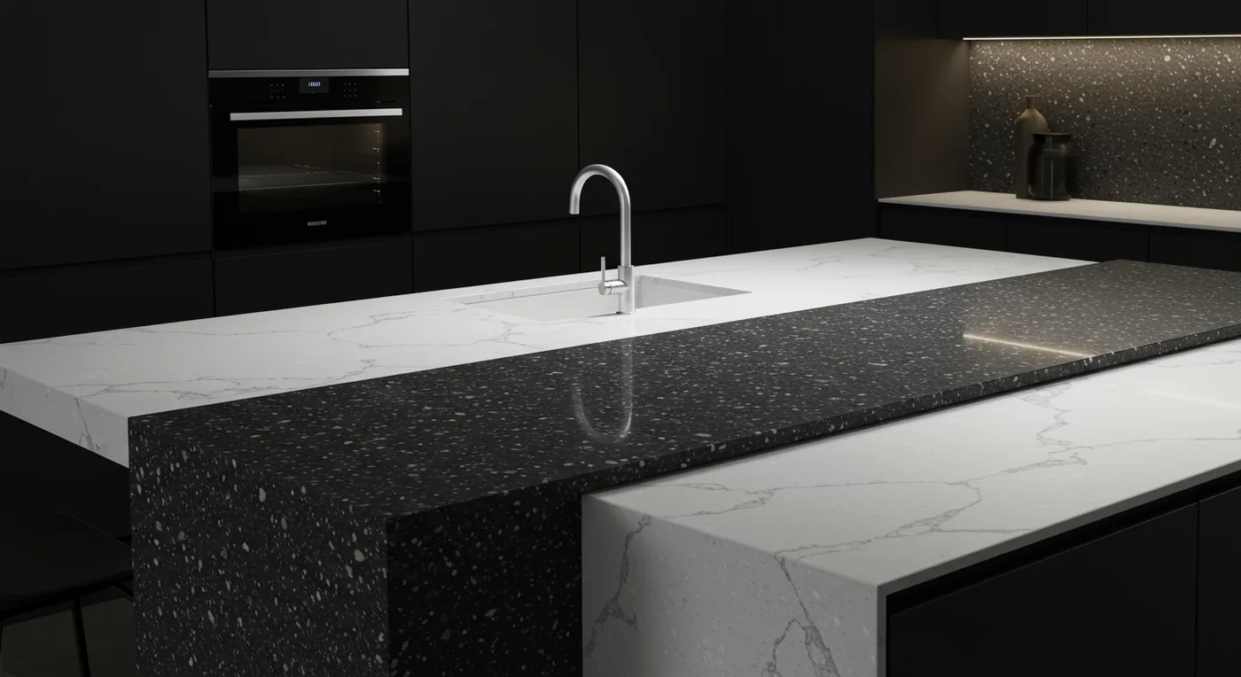 Quartz, granite, and porcelain stone countertop comparison — premium kitchen worktop materials Lebanon KITWOOD