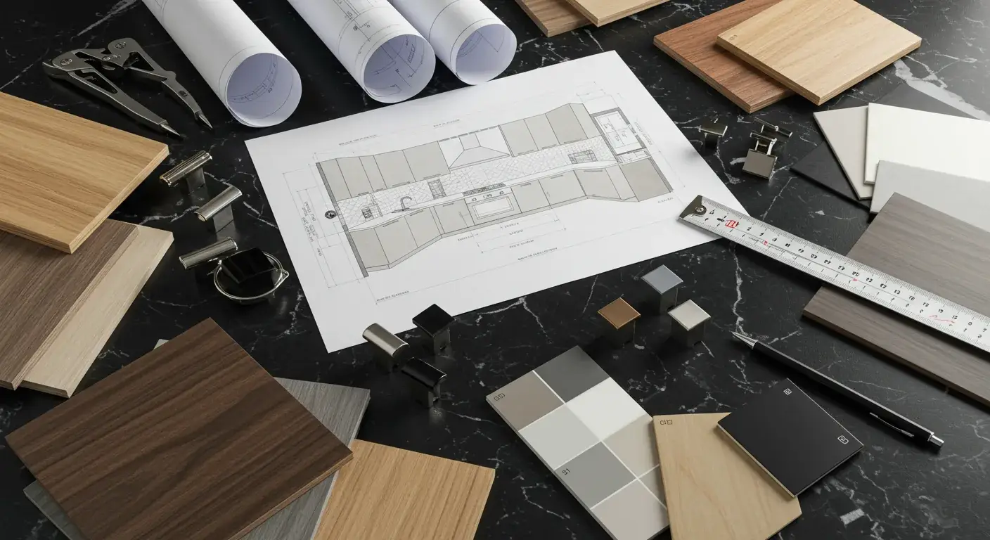 Custom kitchen design consultation with material samples and blueprints — KITWOOD Lebanon