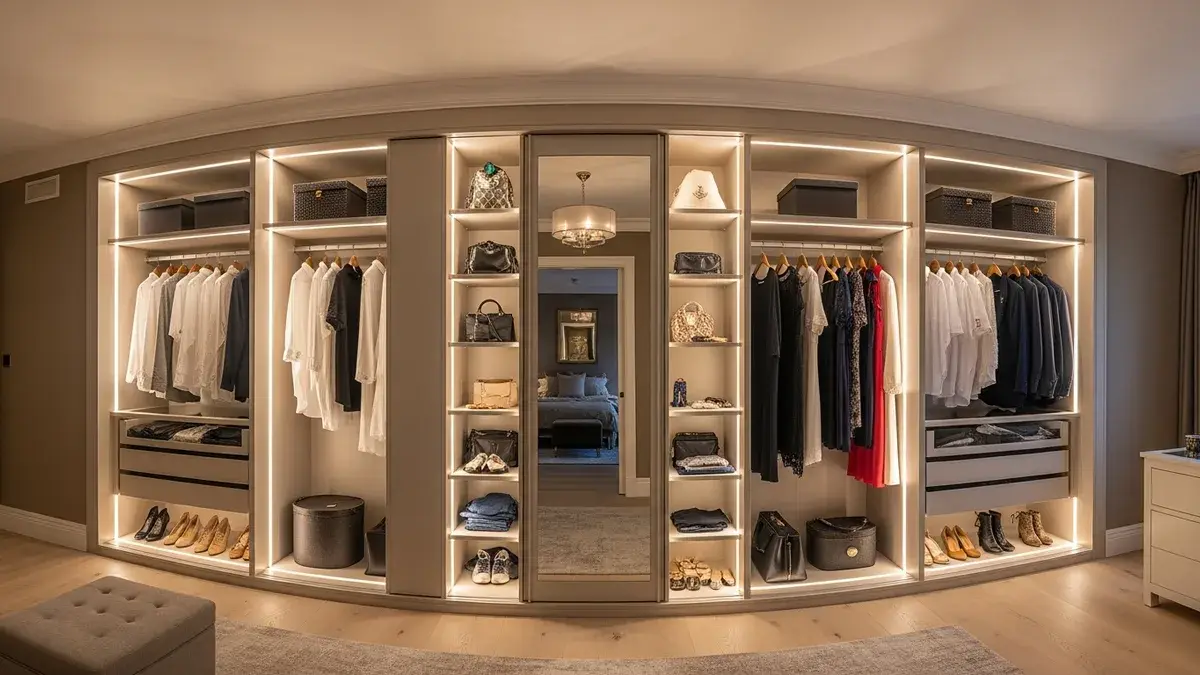 Bespoke custom walk-in wardrobe with floor-to-ceiling ivory lacquer doors and integrated LED lighting by KITWOOD Lebanon