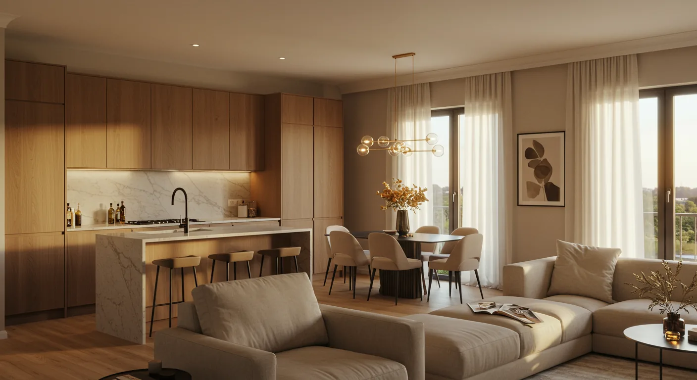 Luxury open-plan kitchen and living space aesthetic by KITWOOD Lebanon