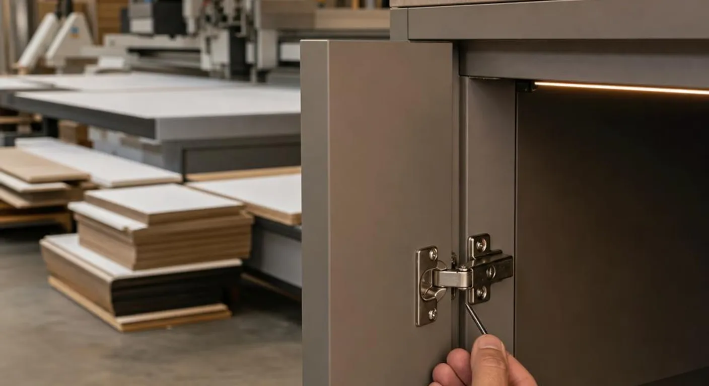 Craftsman adjusting a soft-close hinge on a premium lacquered cabinet door in a kitchen factory — how to compare kitchen suppliers in Lebanon