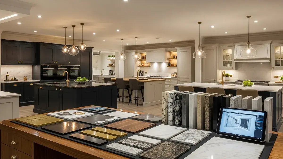 Premium kitchen showroom displaying multiple kitchen collections and material samples — KITWOOD Lebanon