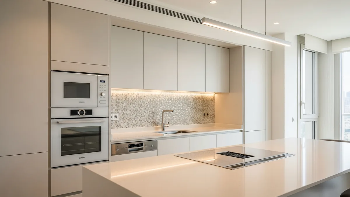 Renovated premium kitchen in a Lebanese apartment with handleless white lacquer cabinetry and quartz island — KITWOOD