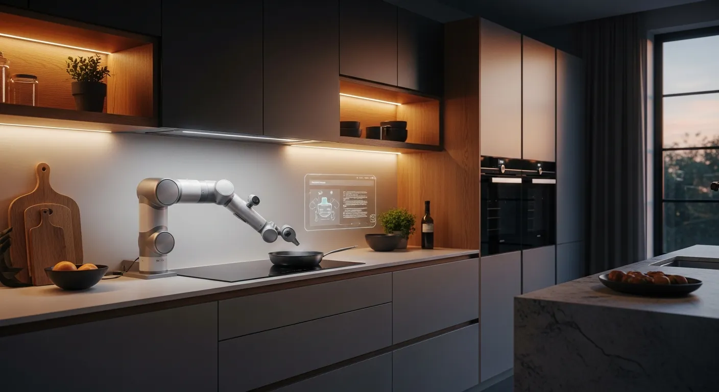 Futuristic luxury kitchen with a robotic cooking arm working at the hob beneath dark cabinetry — kitchen robotics and the future of cooking