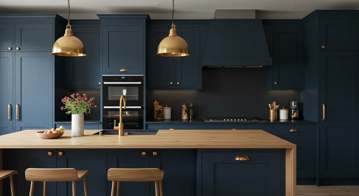 2024 kitchen design trends — navy cabinetry with oak and brushed brass hardware KITWOOD Lebanon