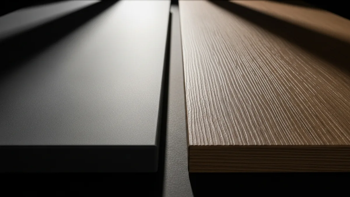 Close-up comparison of matte lacquer finish and wood-grain laminate kitchen cabinet door samples — KITWOOD Lebanon