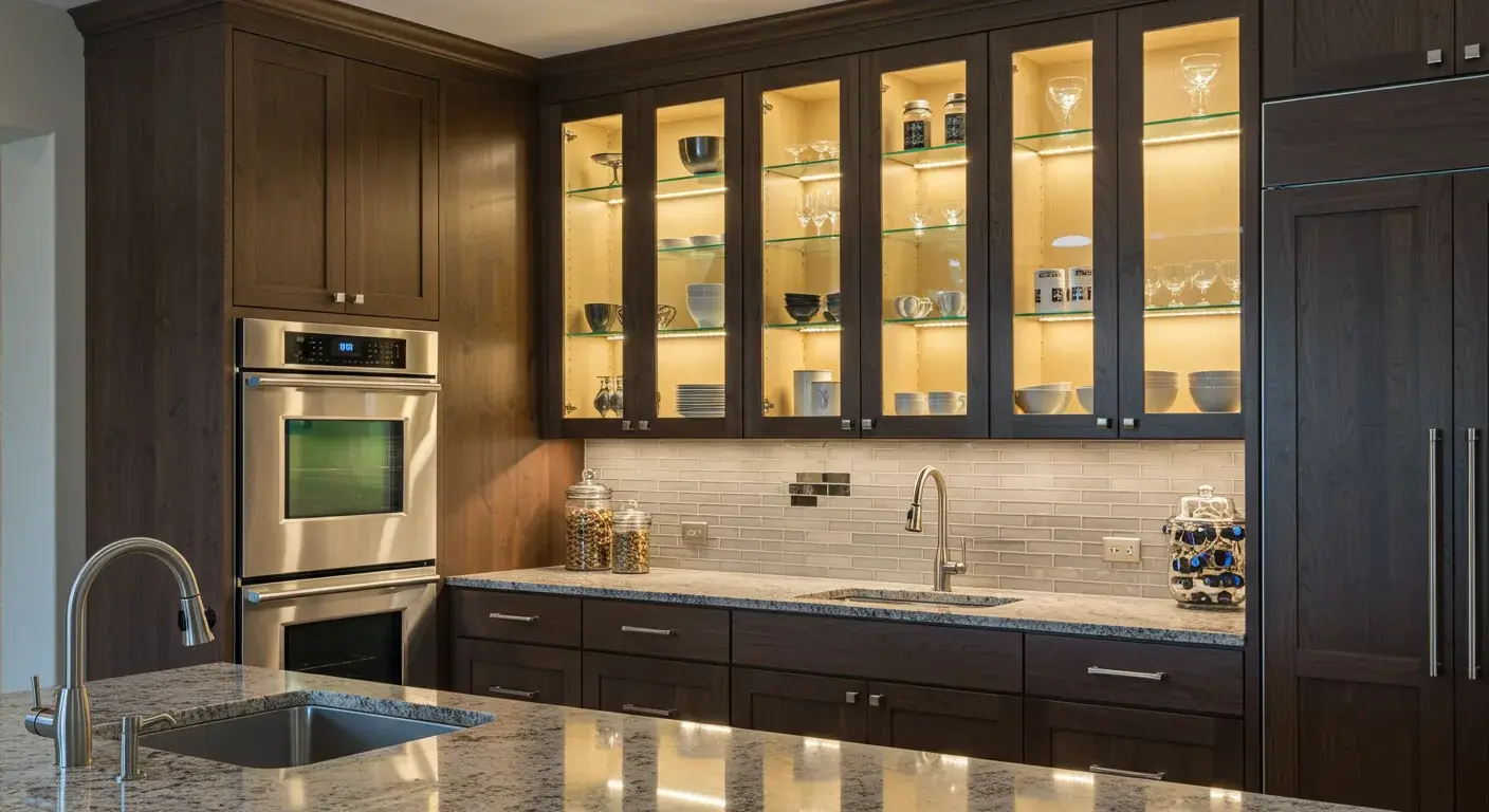 Premium luxury kitchen with glass-front cabinets and LED interior lighting by KITWOOD Lebanon