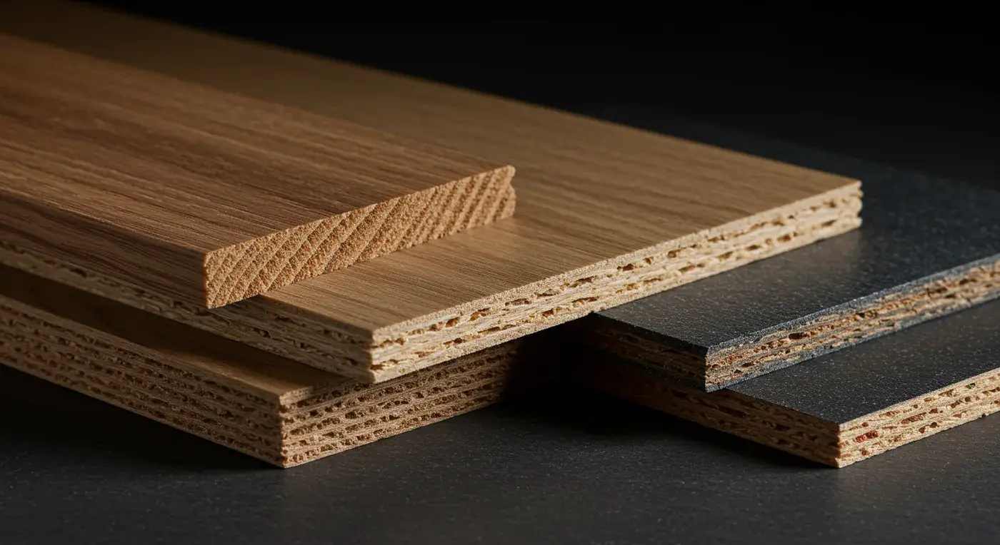 Cross-section samples of solid wood, MDF, HDF, and plywood cabinet materials — KITWOOD Lebanon technical guide
