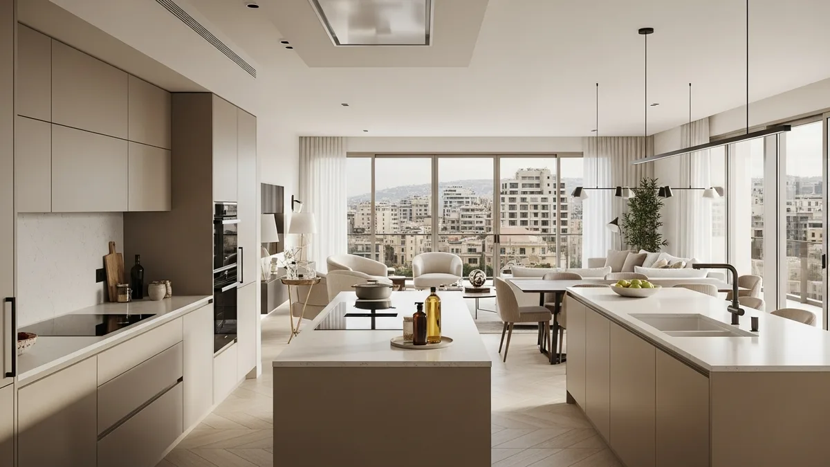 Modern open-plan handleless kitchen in a Beirut apartment with greige lacquer cabinetry and quartz island — KITWOOD Lebanon