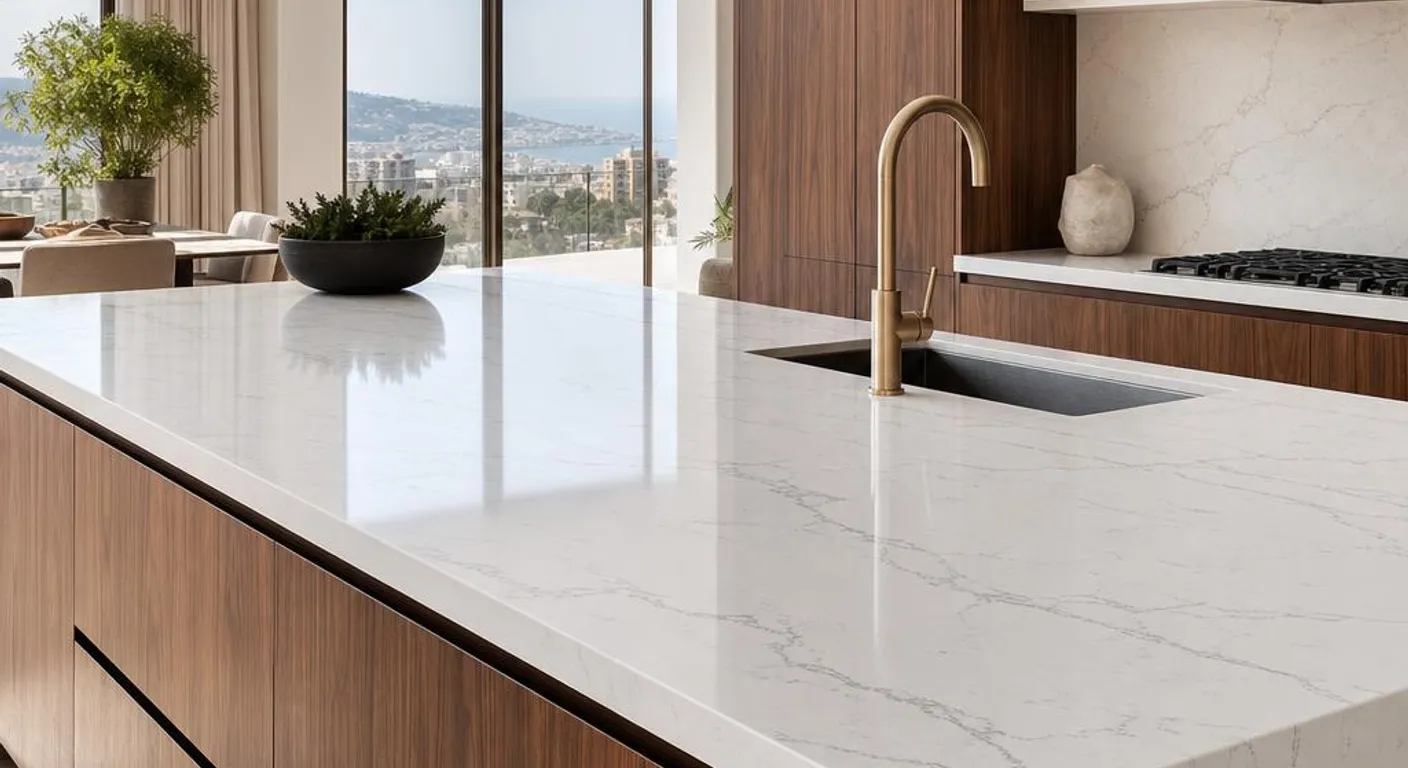 Luxury kitchen island with a white veined Quartzforms-style quartz countertop and walnut cabinetry — the quartz countertop comeback in Lebanon