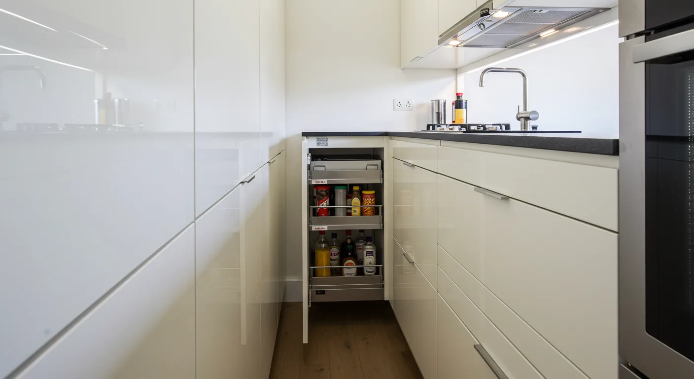 Compact handleless galley kitchen space-saving design by KITWOOD Lebanon