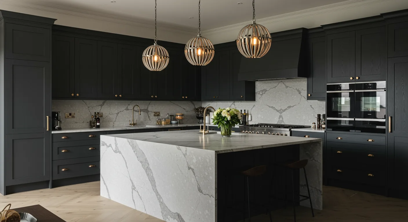 Ultimate premium kitchen with waterfall island and pendant lighting by KITWOOD Lebanon