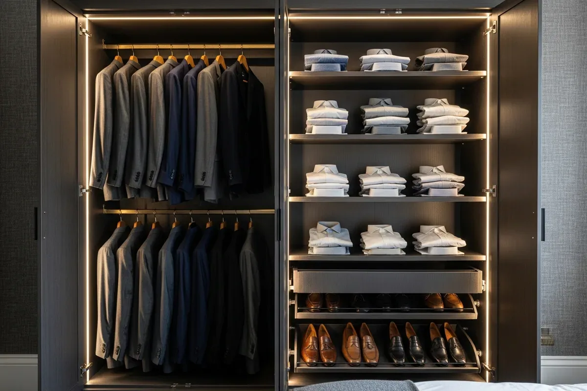 KITWOOD wardrobe design reference showing illuminated hanging rails, folded-shirt shelves and shoe storage in dark cabinetry