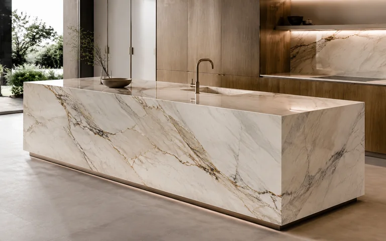 Light veined stone waterfall kitchen island with integrated sink — premium countertop by KITWOOD Lebanon