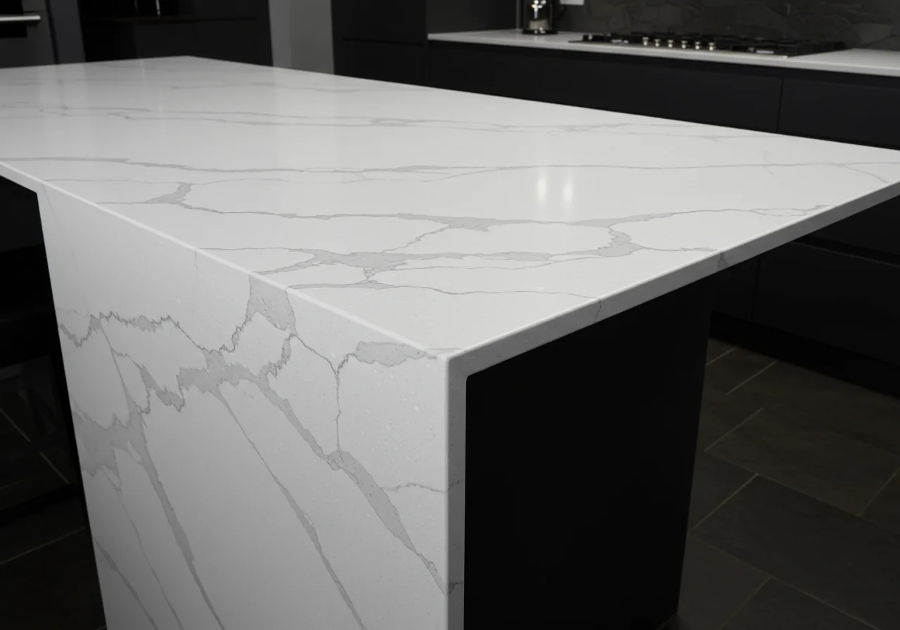 Waterfall edge kitchen island countertop in engineered stone — premium worktop design