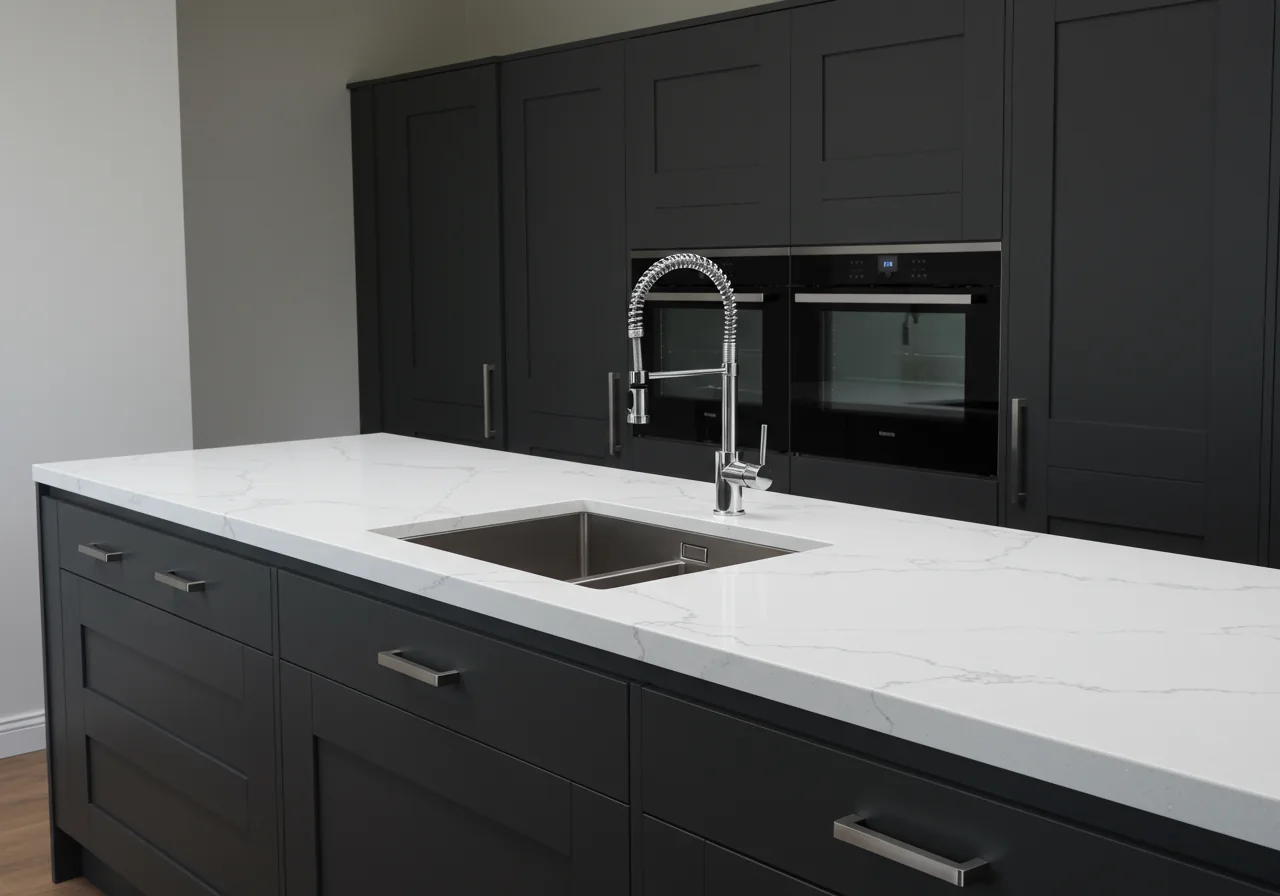Engineered quartz kitchen worktop with undermount sink — high-end countertop