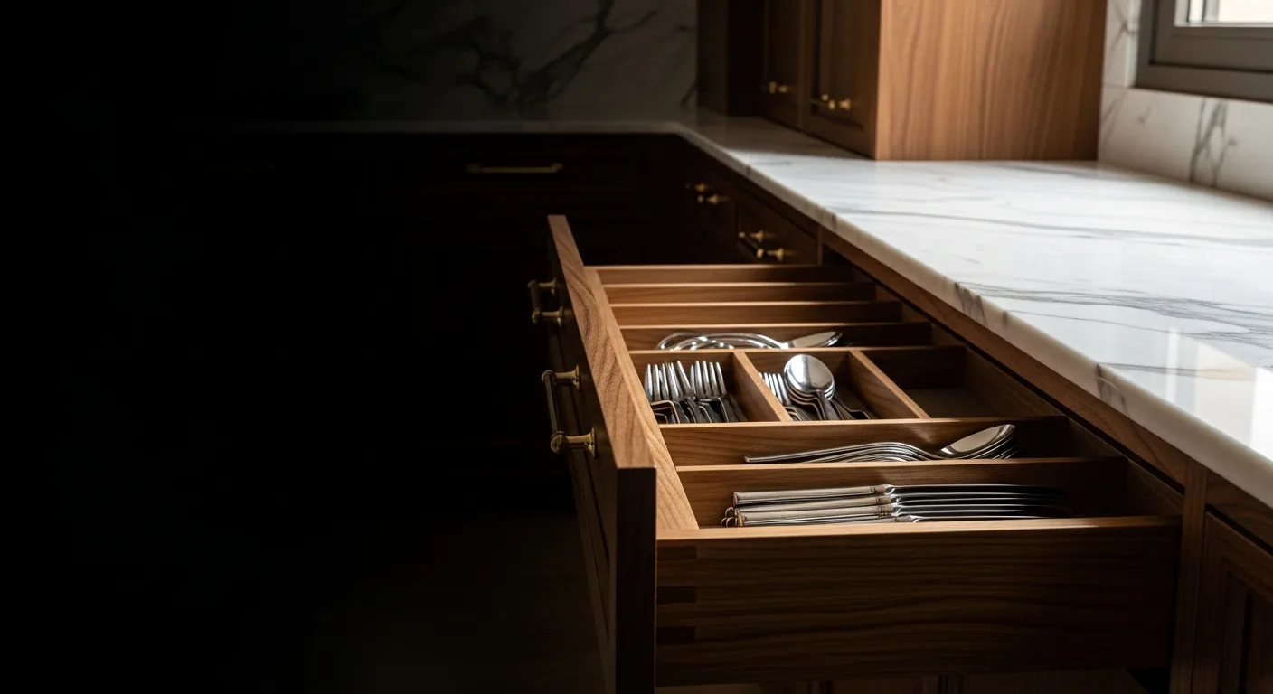 KITWOOD Lebanon walnut drawer interior with brass cutlery dividers and Calacatta marble countertop — craftsmanship detail
