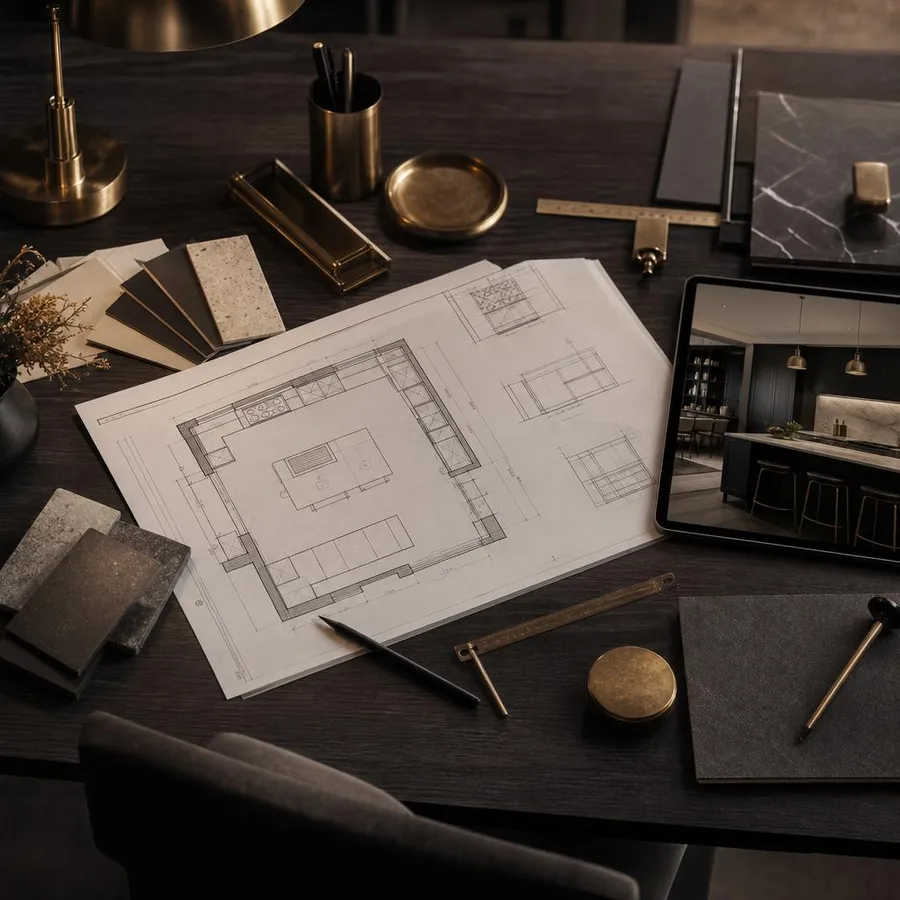 Bespoke kitchen design — floor plans, material swatches and 3D render on a designer's table