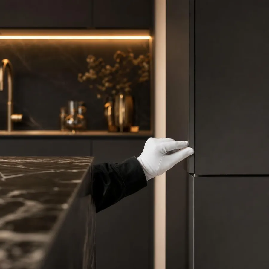 Full-service installation — final detailing of a handleless luxury kitchen in Lebanon