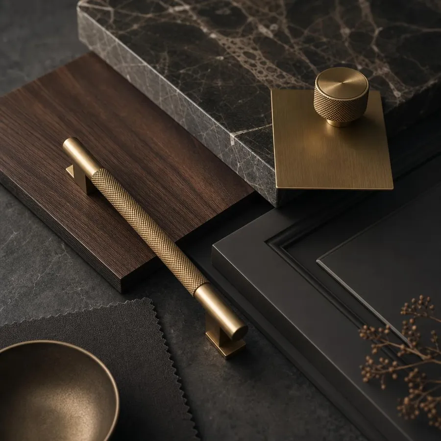 Premium kitchen materials — walnut veneer, marble and brass hardware samples at KITWOOD Lebanon
