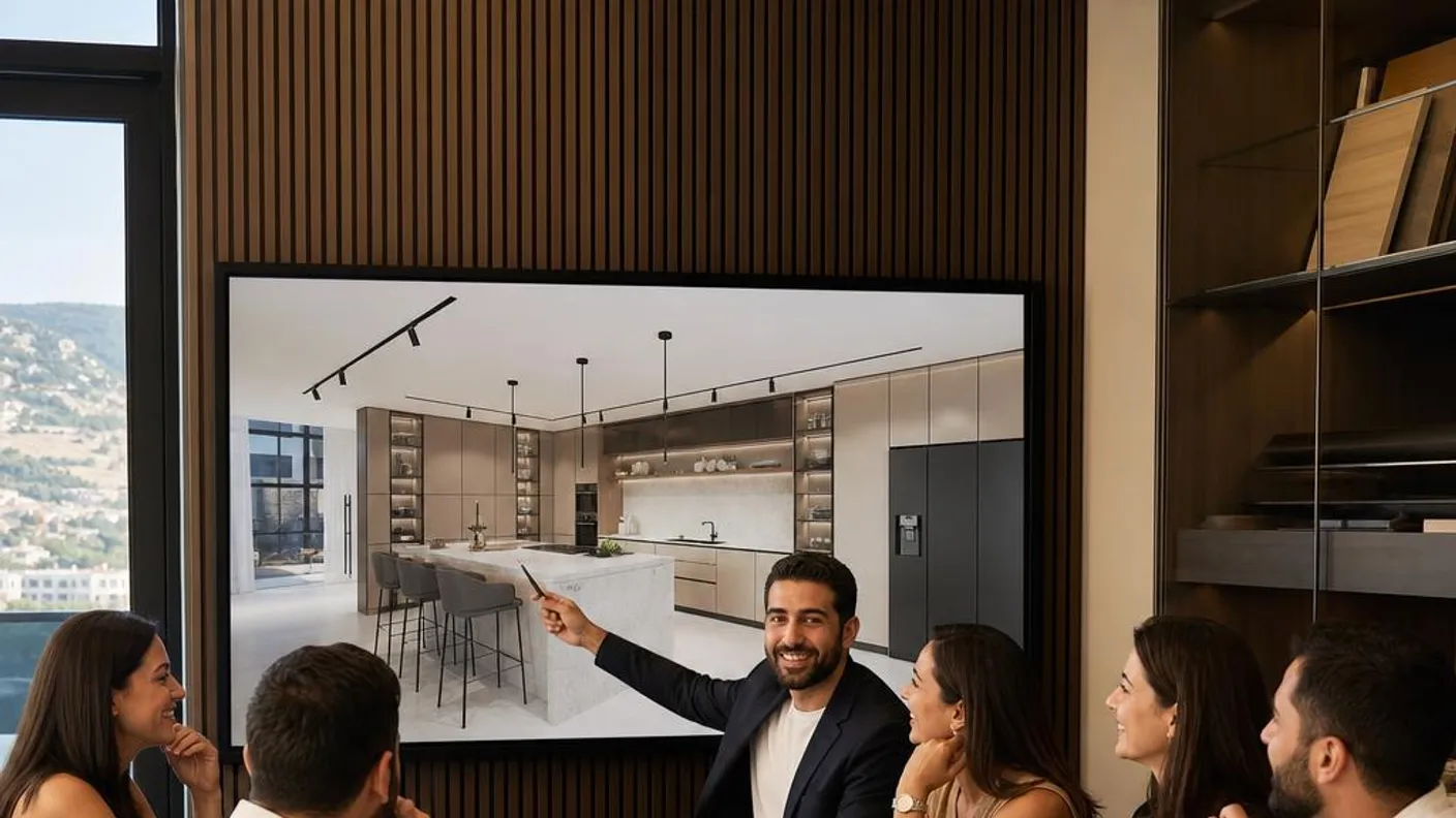 KITWOOD team and clients reviewing a kitchen design together on a large screen at the design office