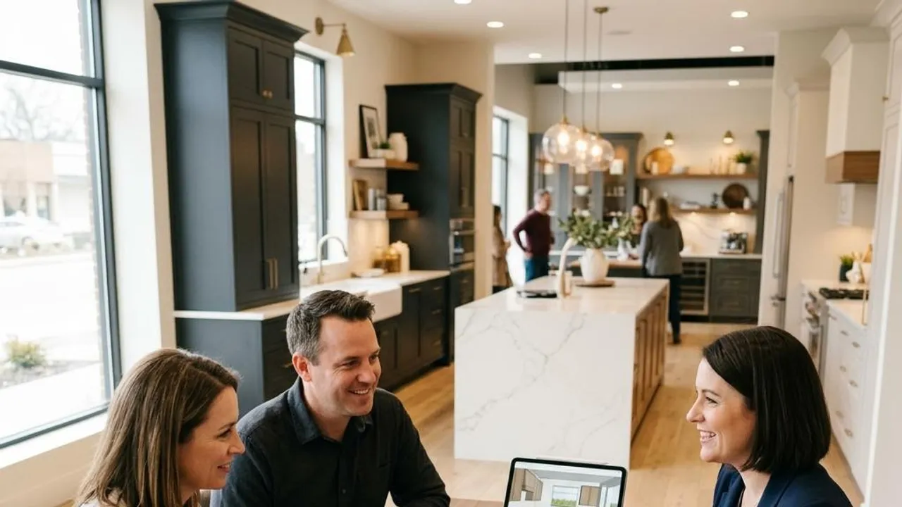 Kitchen designer discussing a new project brief with clients at the showroom
