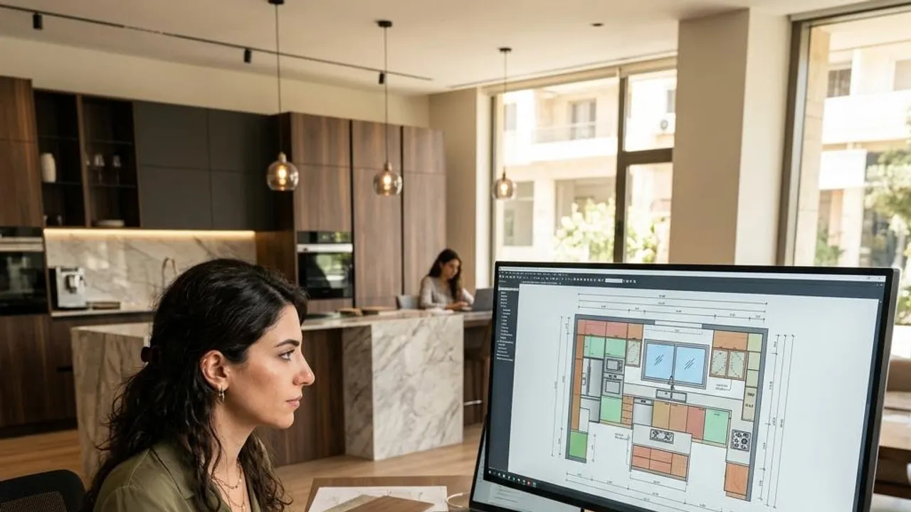 Designer evaluating kitchen layout options on screen and printed floor plans