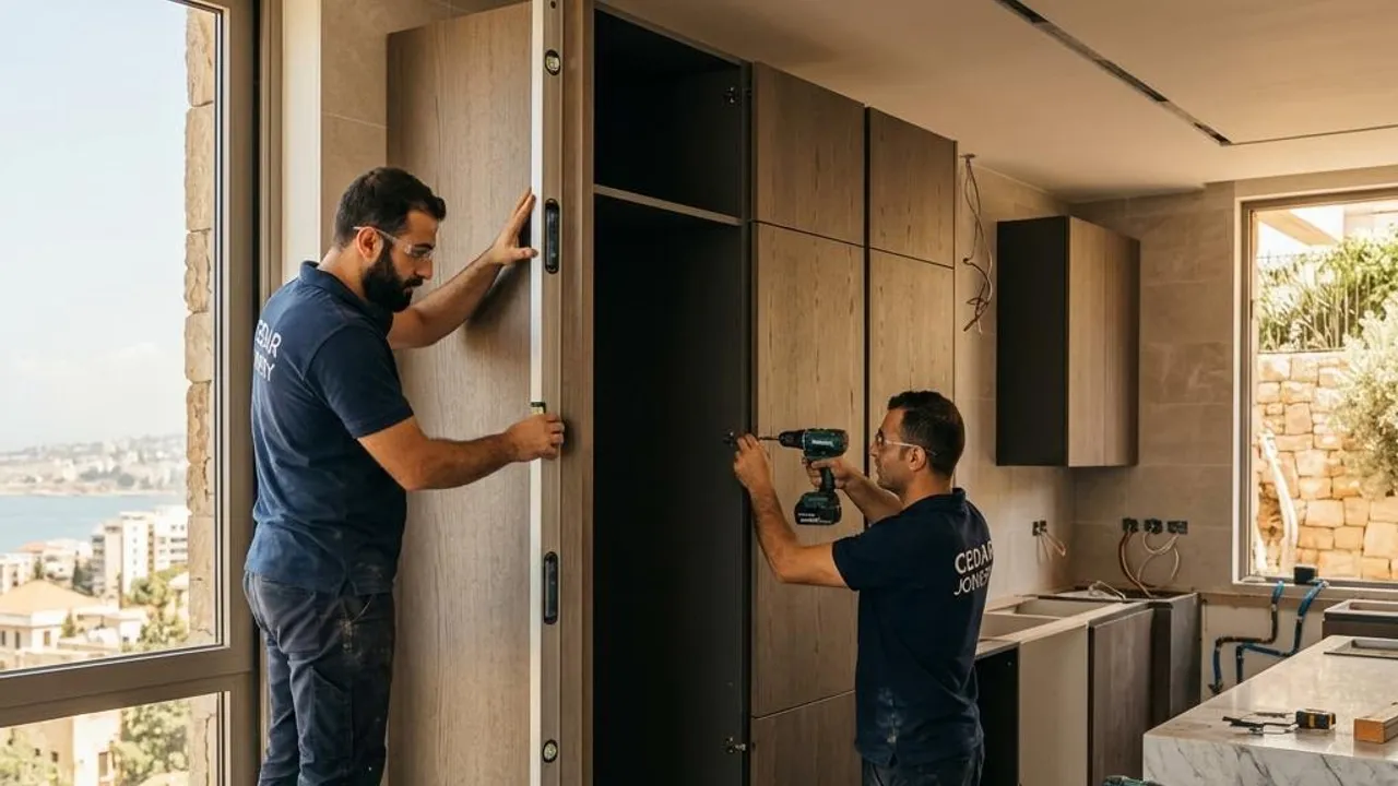 Installers positioning and levelling cabinets on site