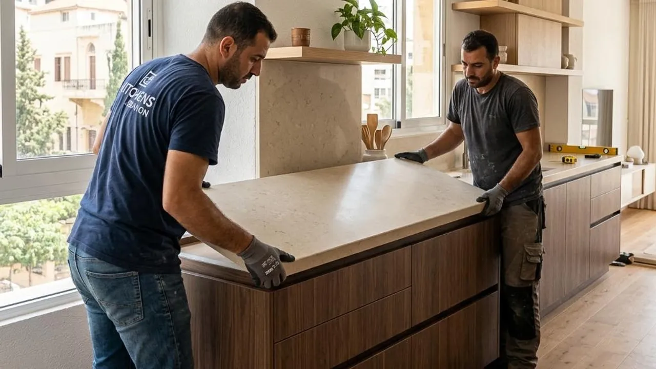 Installers fitting a stone countertop onto installed kitchen cabinets