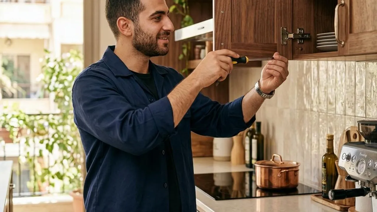 Technician adjusting a cabinet hinge during finishing and tuning