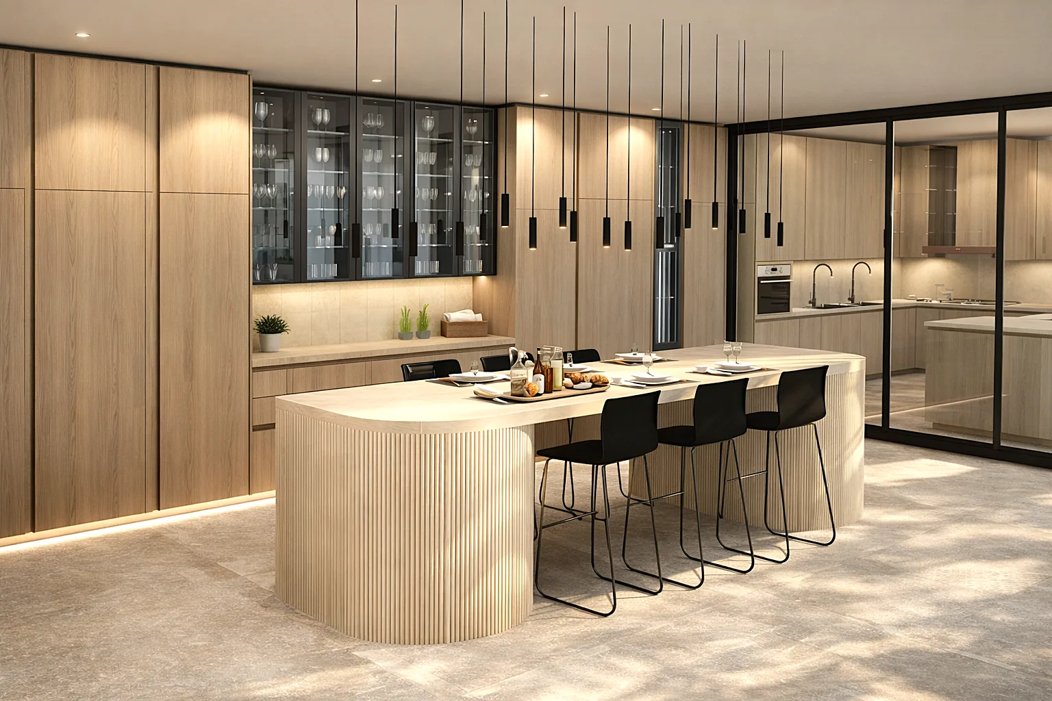 Light oak contemporary kitchen with curved fluted island, glass display cabinets and pendant cluster — KITWOOD Lebanon design