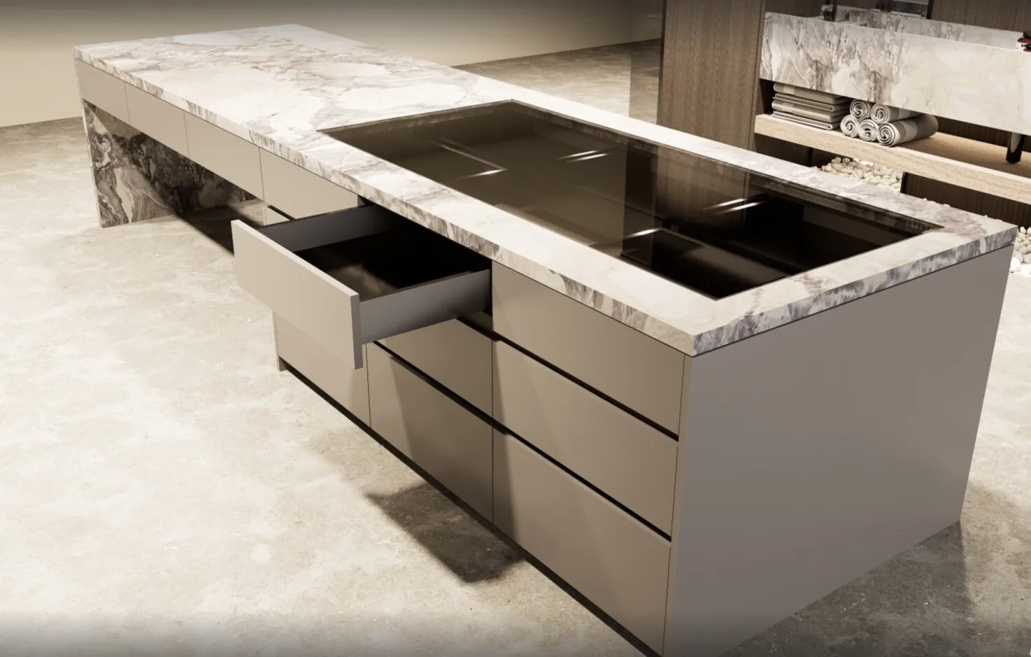 Premium kitchen island detail with Calacatta marble top and handleless soft-close drawer system — KITWOOD Lebanon
