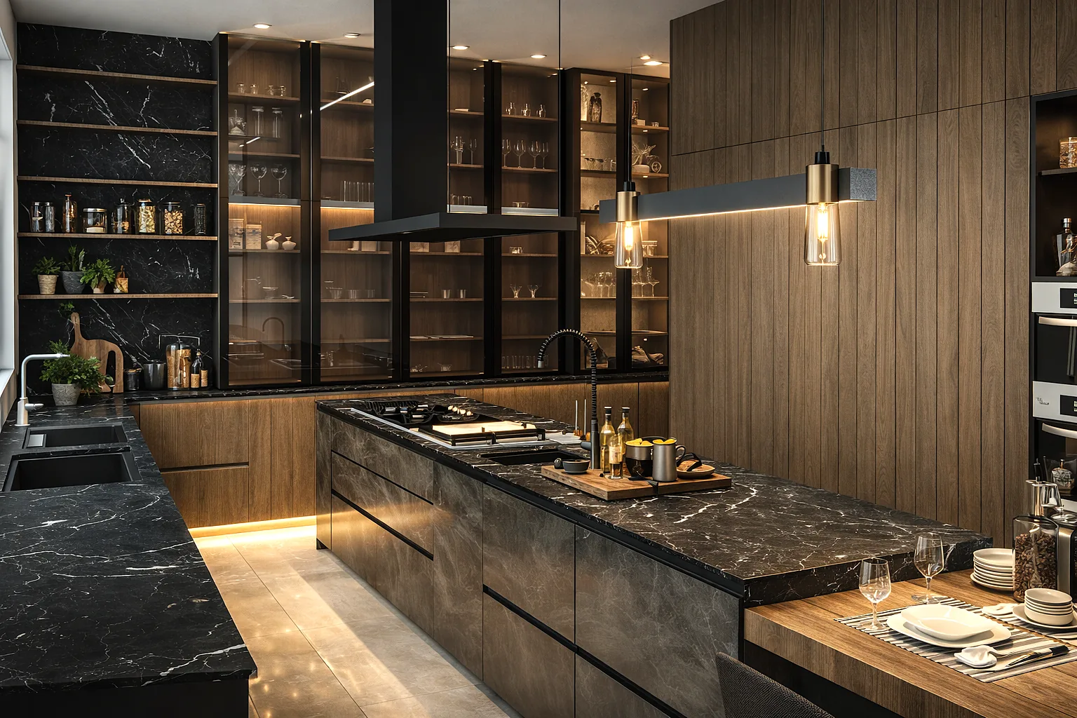 KITWOOD Lebanon bespoke kitchen design — dark wood and black marble shelving with premium craftsmanship