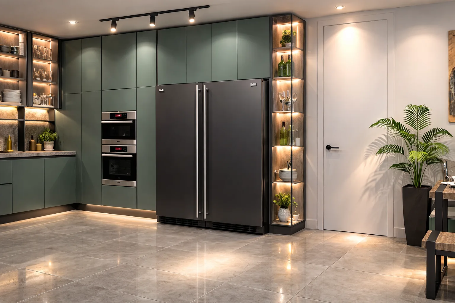 Modern kitchen design in sage green lacquer with integrated side-by-side refrigerator and lit shelving — KITWOOD Lebanon