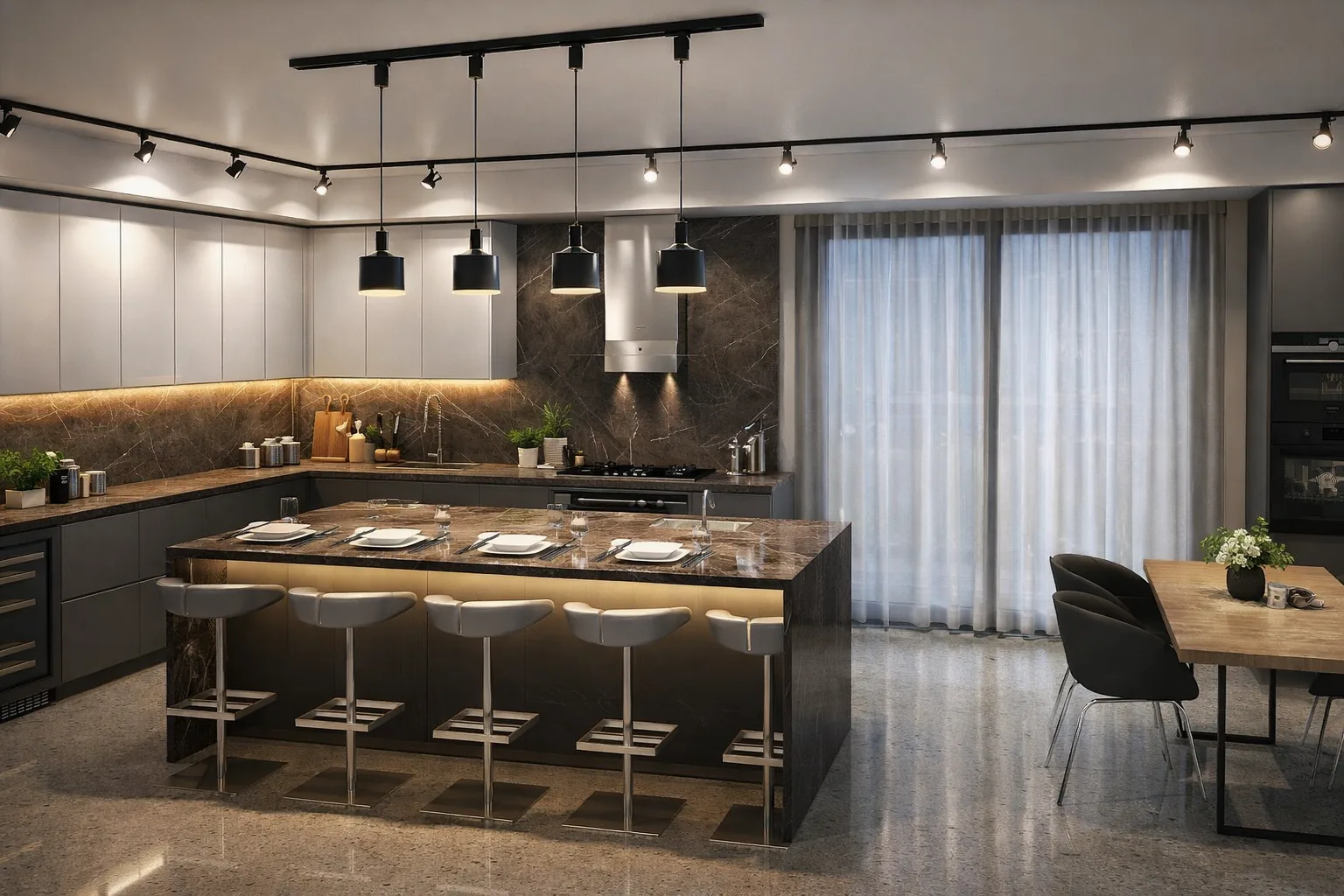 Contemporary grey kitchen with dark marble island, track and pendant lighting and open-plan dining — KITWOOD Lebanon design