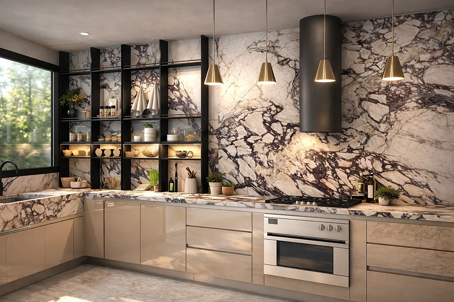 Luxury kitchen with beige gloss cabinetry, dramatic Calacatta Viola marble backsplash and matching countertops, open shelving and pendant lighting — KITWOOD Lebanon design