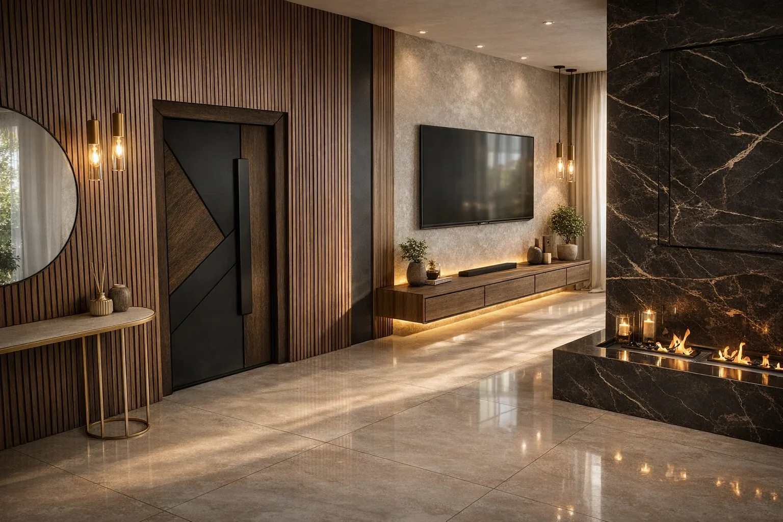 Contemporary living interior with fluted walnut wall panelling, geometric designer door in dark wood, dark marble fireplace and ambient gold lighting — KITWOOD Lebanon design