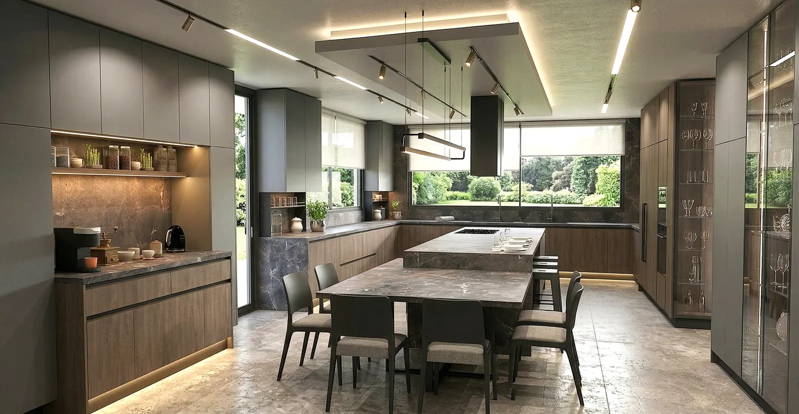 Spacious open-plan kitchen with handleless dark grey and natural wood cabinets, large central island extending to dining table, track ceiling lighting and garden views — KITWOOD Lebanon design