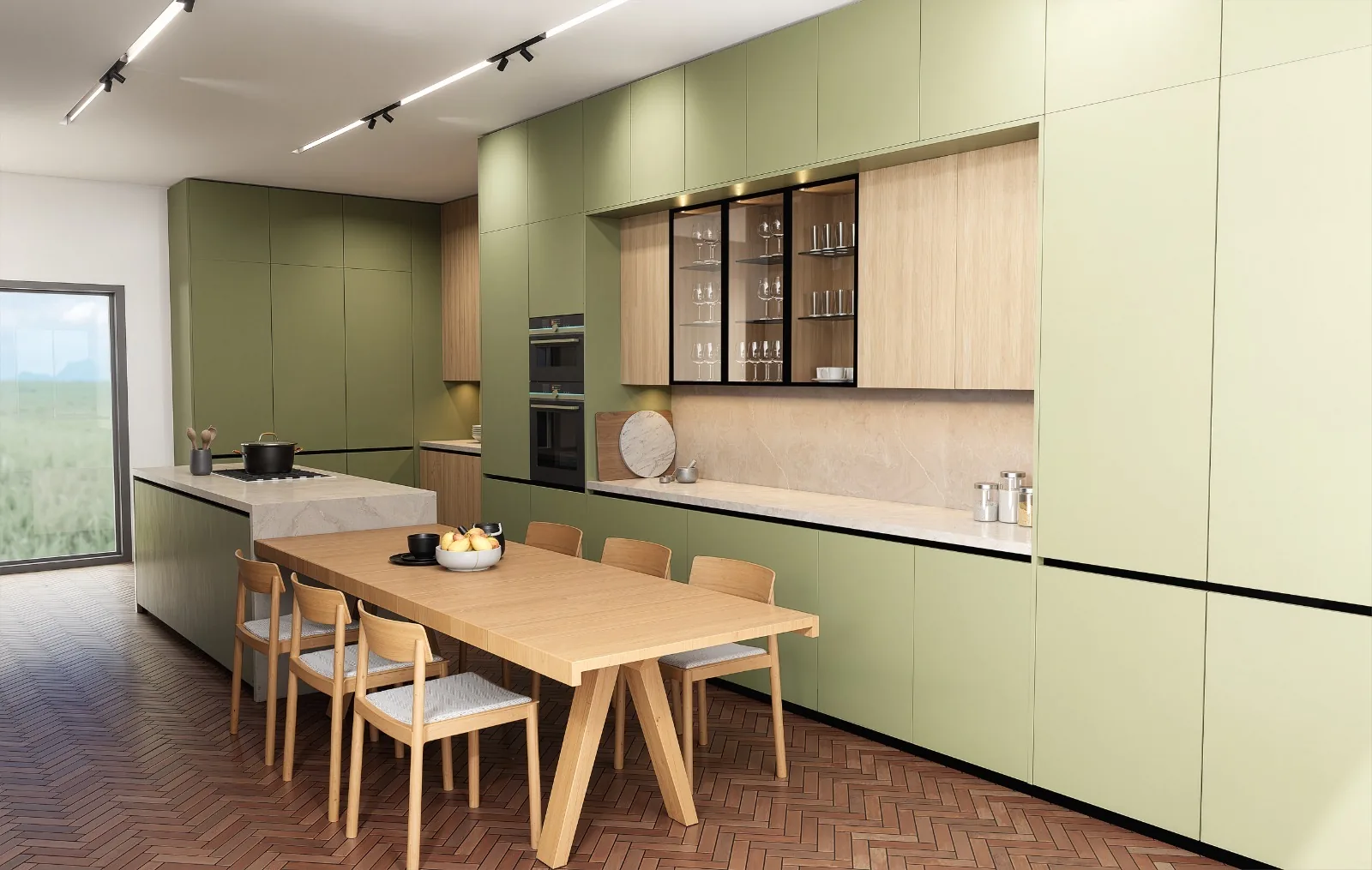 Sage green handleless kitchen with full-height matte cabinetry, oak glassware display niche with black-frame sliding doors, stone backsplash, integrated oven column and oak dining table on herringbone parquet — KITWOOD Lebanon design