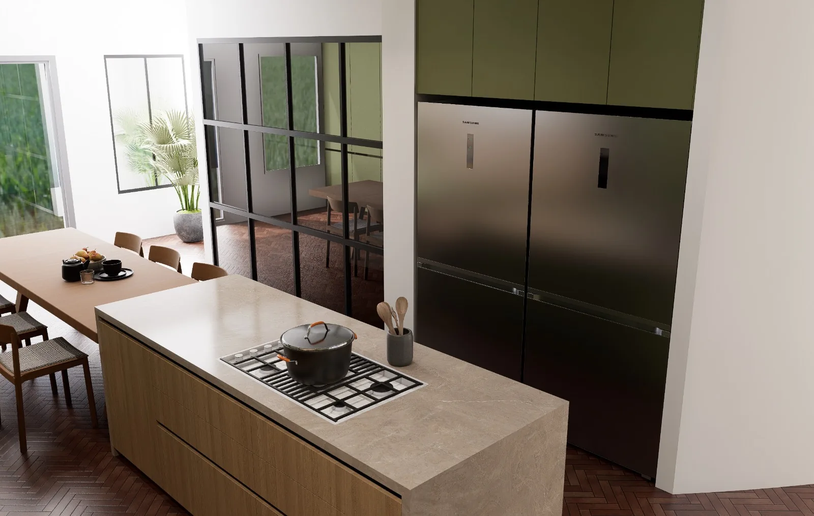 Open-plan kitchen with sage green wall cabinets, natural oak waterfall island, gas cooktop, twin tall integrated dark fridge-freezers and black-framed glass partition to dining area — KITWOOD Lebanon design
