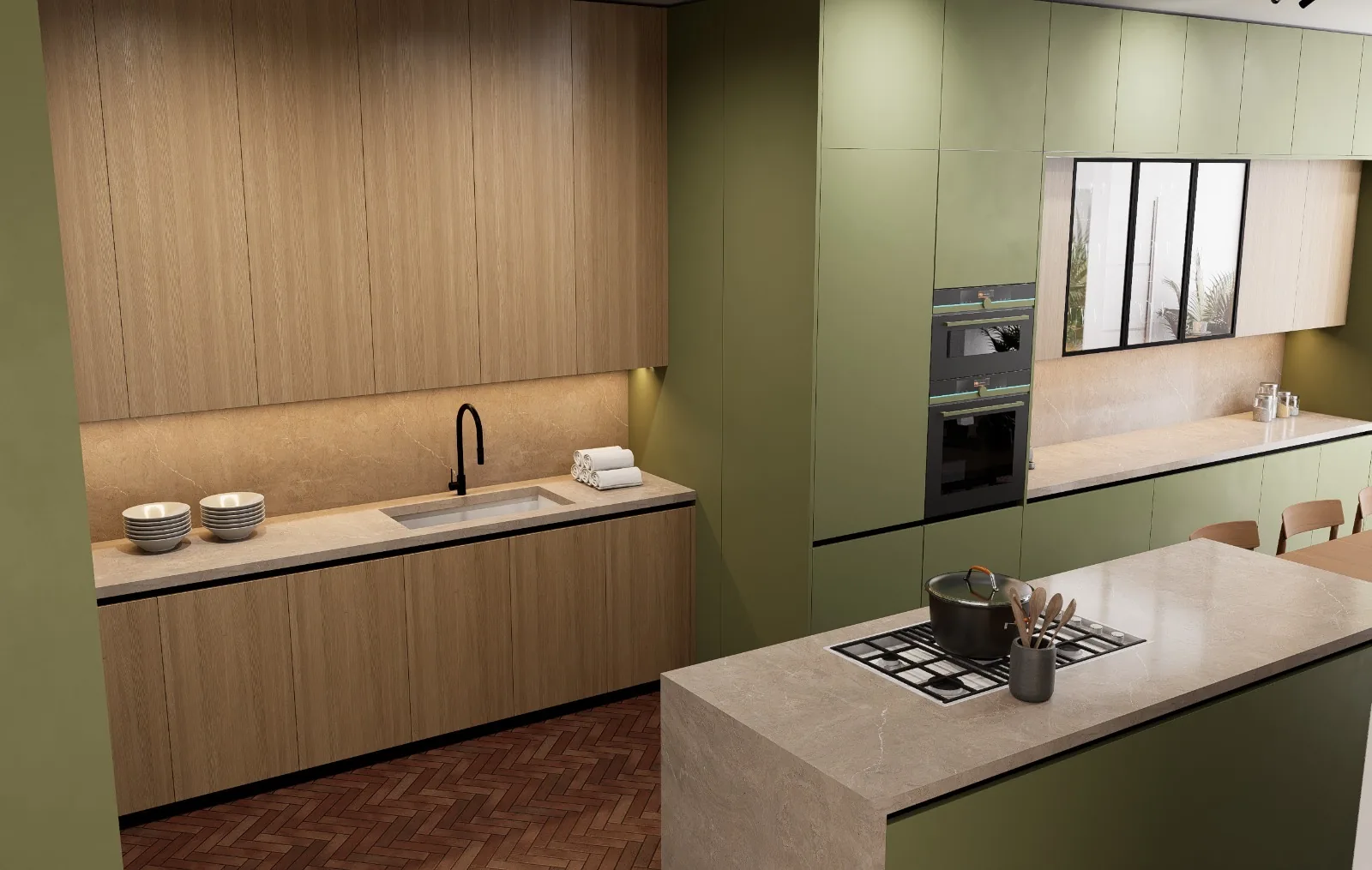 Handleless kitchen with full-height natural oak cabinetry, undermount sink with black tap, sage green tall units, built-in oven column and central stone-topped island with gas hob on herringbone parquet — KITWOOD Lebanon design
