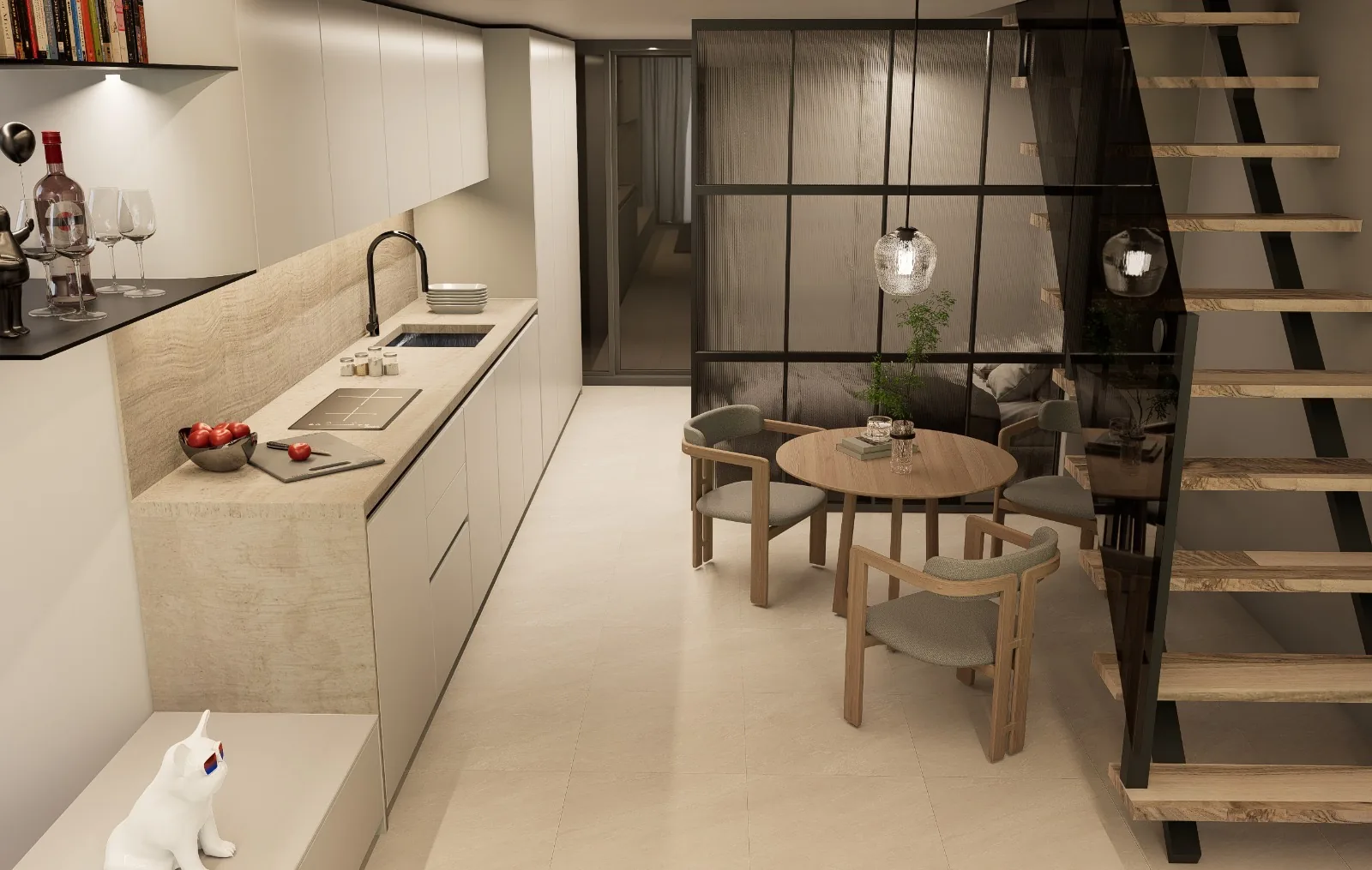 Compact galley kitchen in cream lacquer with full-height cabinetry, travertine stone worktop and backsplash, integrated induction hob and undermount sink, with adjacent round oak dining nook and floating staircase — KITWOOD Lebanon design