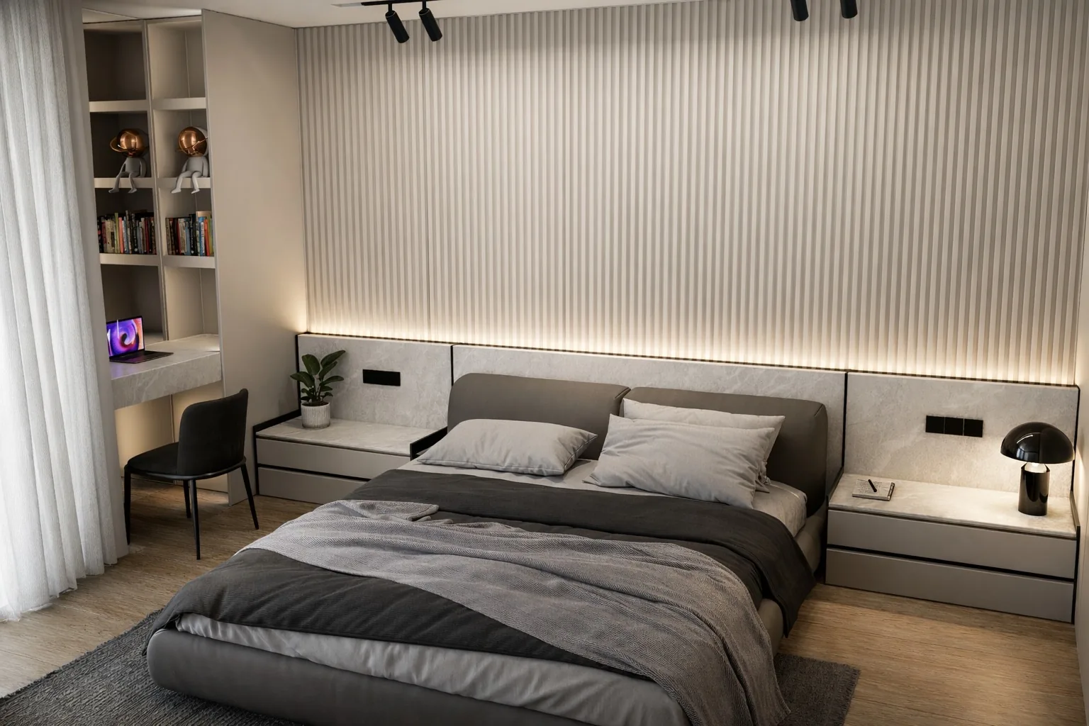 Contemporary master bedroom with vertical fluted wall panelling, upholstered grey bed with integrated stone-topped bedside benches, recessed LED headboard lighting, study niche with desk and reading shelves — KITWOOD Lebanon bedroom design
