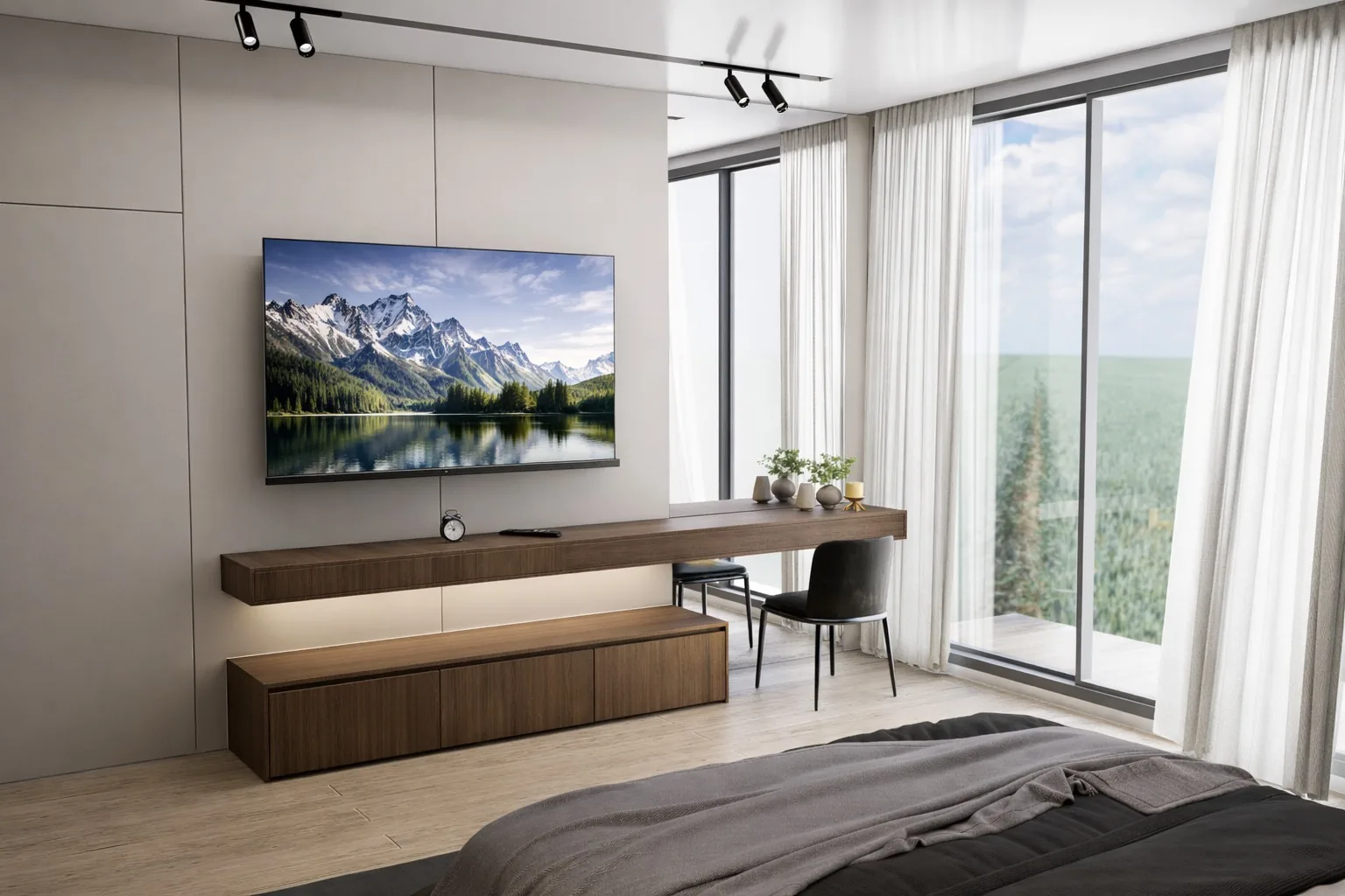 Master bedroom with floating walnut TV console and matching desk, wall-mounted television, leather desk chair and floor-to-ceiling window with countryside view — KITWOOD Lebanon bedroom design